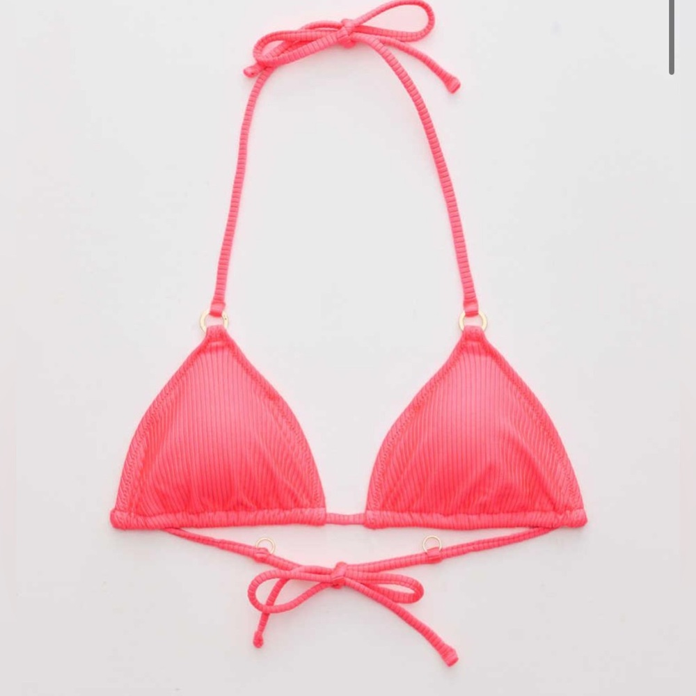 NWT Aerie Shine Rib String Triangle Bikini Top Neon Coral Tropadelic - Size M